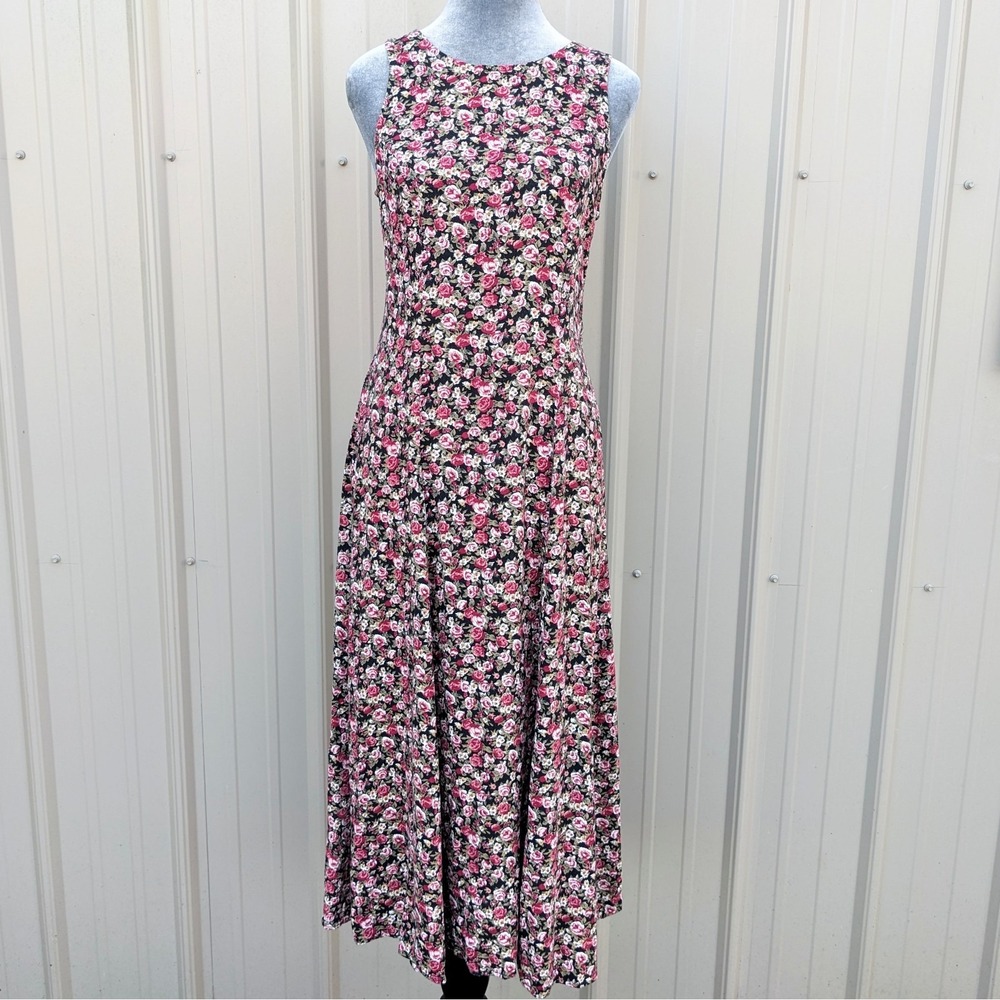 Vintage 90s Floral Corset Back Dress 6 Rayon Whimsigoth Midi Grunge Rose Print